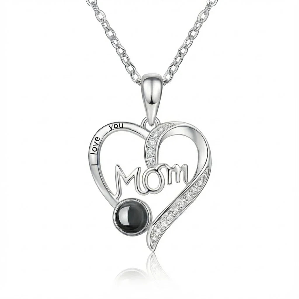 PhilU - Personalised Classic “MOM” Script Heart Photo Projection Necklace - Premium E-Coating Cooper / Silver