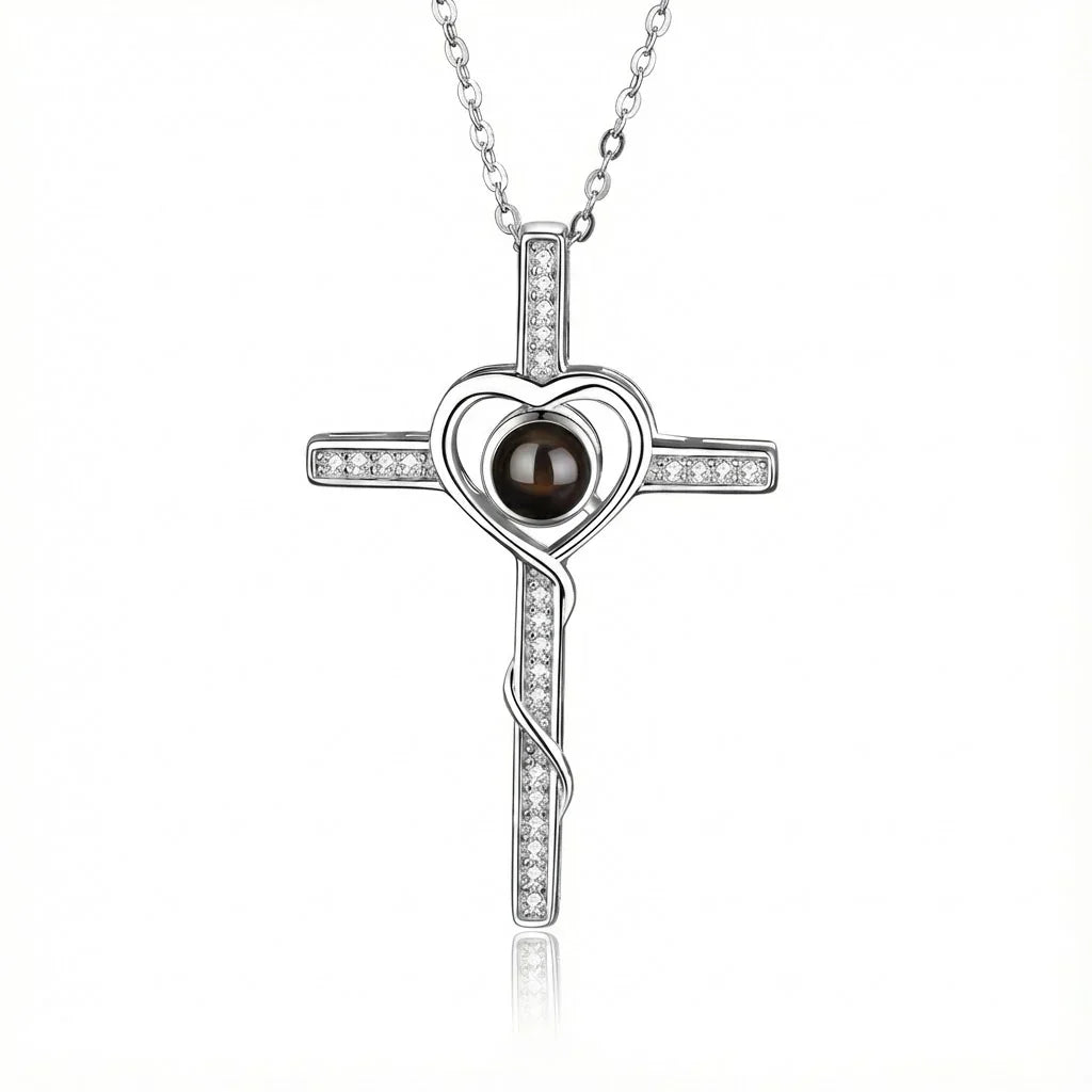 PhilU - Personalised Divine Love Cross Photo Projection Necklace - Premium E-Coating Cooper / Silver
