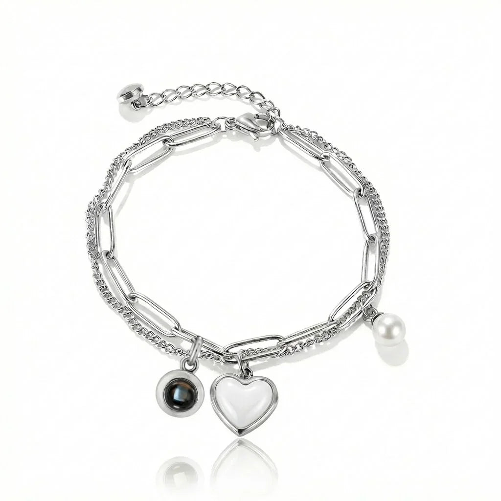 PhilU - Personalised Heart & Pearl Photo Projection Bracelet - Premium E-Coating Cooper / Silver