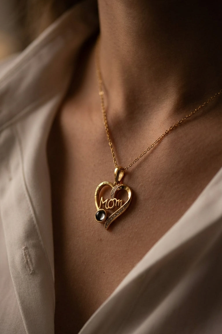 Personalised Classic “MOM” Script Heart Photo Projection Necklace Model