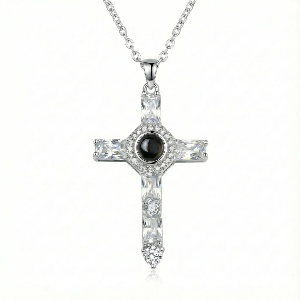 PhilU - Personalised Classic Holy Cross Photo Projection Necklace - Premium E-Coating Cooper / Silver