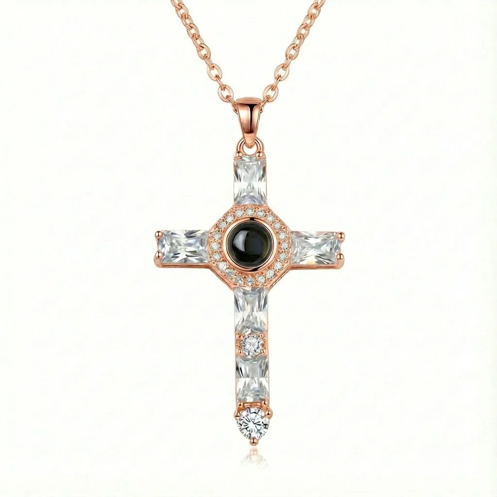 PhilU - Personalised Classic Holy Cross Photo Projection Necklace - Premium E-Coating Cooper / Rose gold