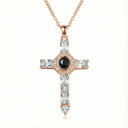 PhilU - Personalised Classic Holy Cross Photo Projection Necklace - Premium E-Coating Cooper / Rose gold