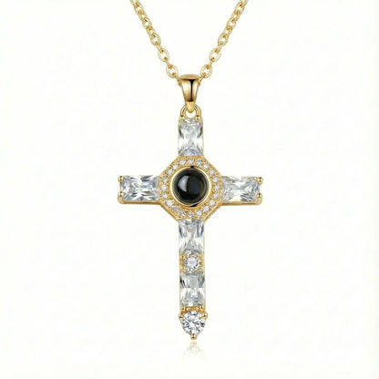 PhilU - Personalised Classic Holy Cross Photo Projection Necklace - Premium E-Coating Cooper / Gold
