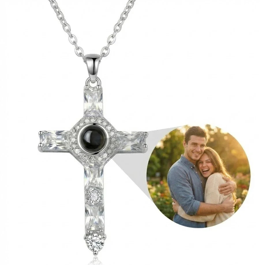 PhilU - Personalised Classic Holy Cross Photo Projection Necklace - Premium E-Coating Cooper / Rose gold