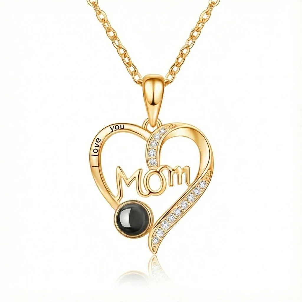 PhilU - Personalised Classic “MOM” Script Heart Photo Projection Necklace - Premium E-Coating Cooper / Gold
