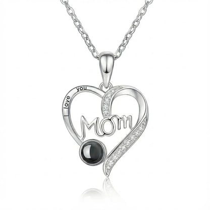 PhilU - Personalised Classic “MOM” Script Heart Photo Projection Necklace - Premium E-Coating Cooper / Silver