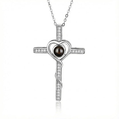 PhilU - Personalised Divine Love Cross Photo Projection Necklace - Premium E-Coating Cooper / Silver