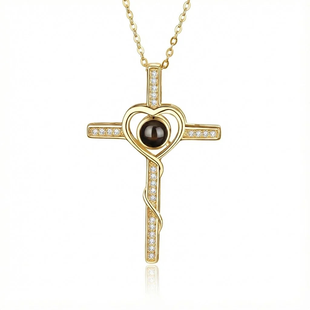 PhilU - Personalised Divine Love Cross Photo Projection Necklace - Premium E-Coating Cooper / Gold