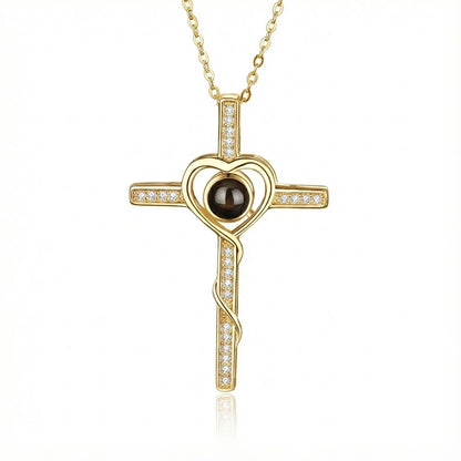 PhilU - Personalised Divine Love Cross Photo Projection Necklace - Premium E-Coating Cooper / Gold