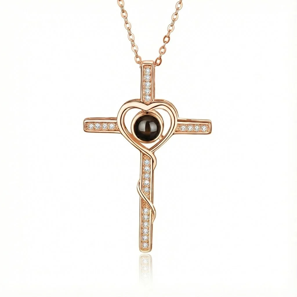 PhilU - Personalised Divine Love Cross Photo Projection Necklace - Premium E-Coating Cooper / Rose gold