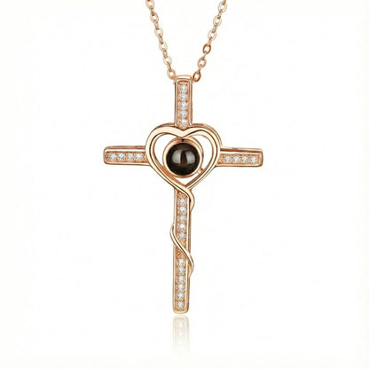 PhilU - Personalised Divine Love Cross Photo Projection Necklace - Premium E-Coating Cooper / Rose gold