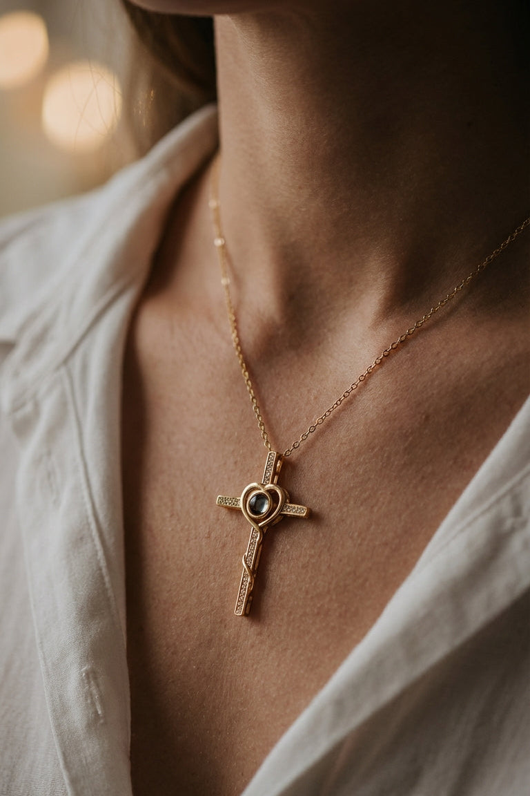 PhilU-Australia-Personalised-Divine-Love-Cross-Photo-Projection-Necklace-Model-Female