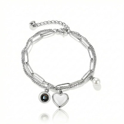 PhilU - Personalised Heart & Pearl Photo Projection Bracelet - Premium E-Coating Cooper / Silver