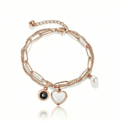 PhilU - Personalised Heart & Pearl Photo Projection Bracelet - Premium E-Coating Cooper / Rose gold