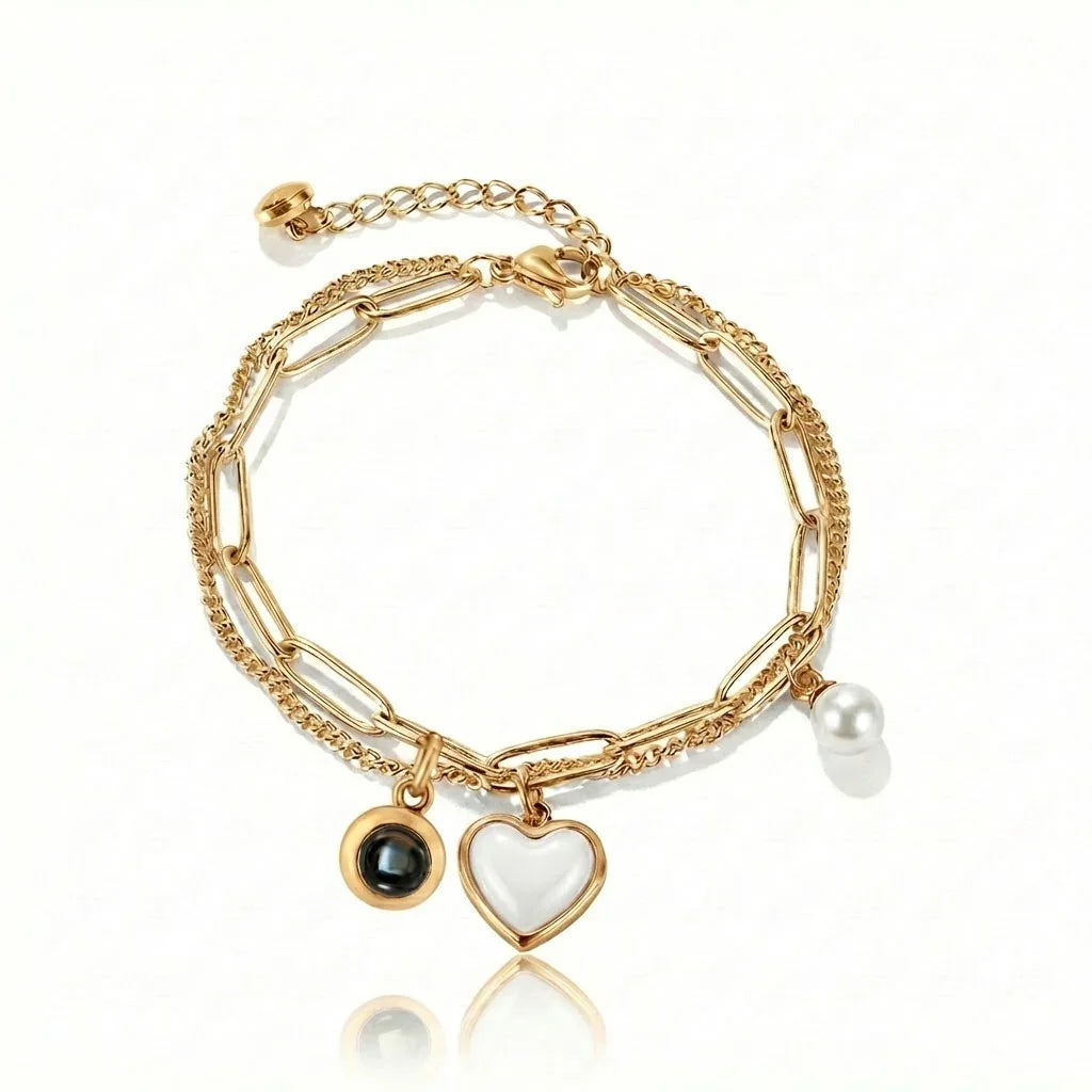 PhilU - Personalised Heart & Pearl Photo Projection Bracelet - Premium E-Coating Cooper / Gold