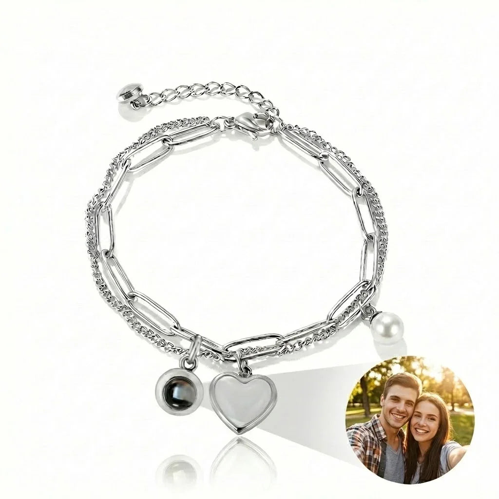 PhilU - Personalised Heart & Pearl Photo Projection Bracelet - Premium E-Coating Cooper / Rose gold