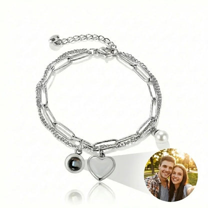 PhilU - Personalised Heart & Pearl Photo Projection Bracelet - Premium E-Coating Cooper / Rose gold