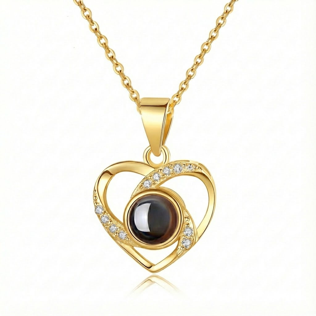 PhilU - Personalised Sparkling Halo Heart Photo Projection Necklace - Premium E-Coating Cooper / Gold