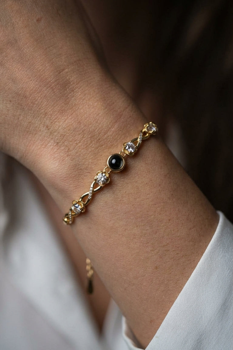 PhilU - Personalised Blooming Memory Photo Projection Bracelet - Premium E-Coating Cooper / Gold - Female Model