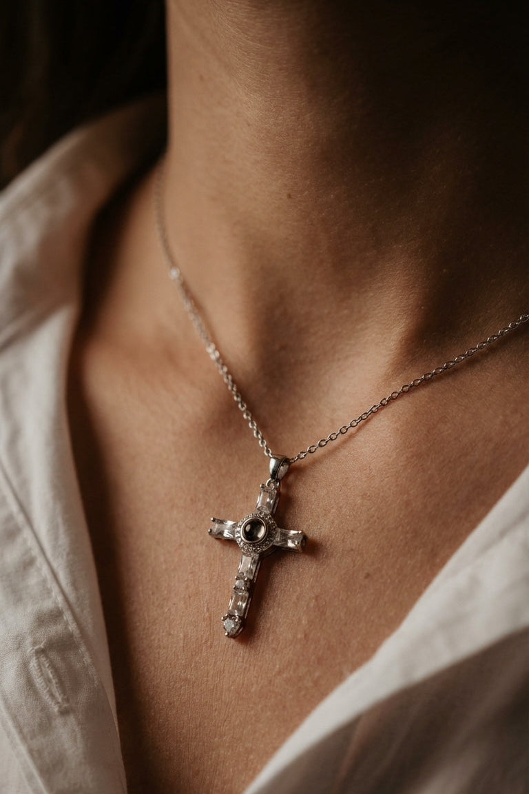 PhilU - Personalised Classic Holy Cross Photo Projection Necklace - Premium E-Coating Cooper / Silver Female Model