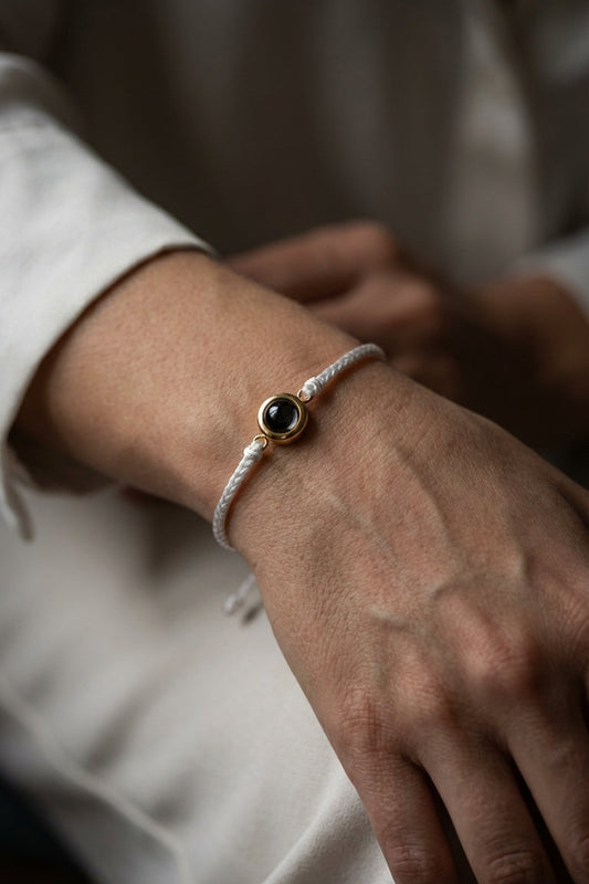 PhilU - Personalised Classic Loop Photo Projection Bracelet - Classic / Premium E-Coating Cooper / White/Gold - Female Model