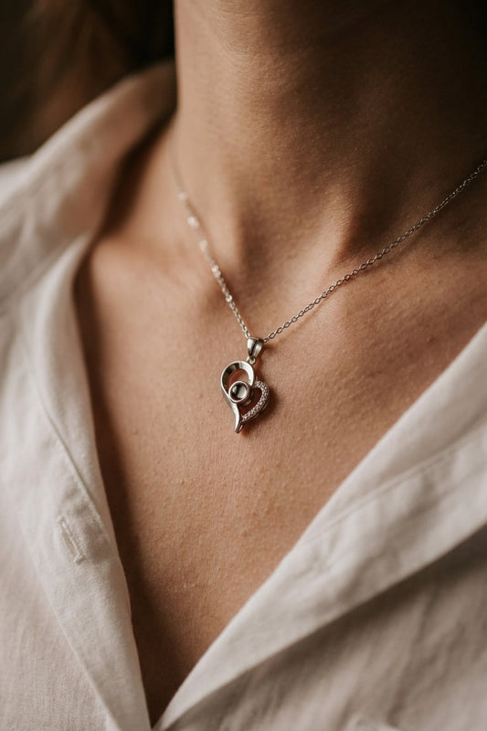 PhilU - Personalised Classic Love Heart Photo Projection Necklace - Premium E-Coating Cooper / Silver Female Model