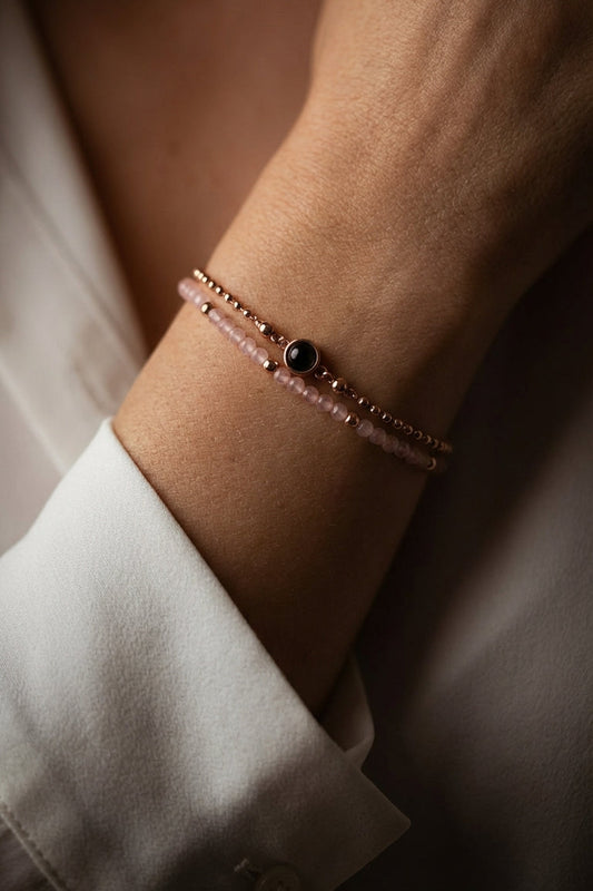 PhilU - Personalised Dual-Layered Gemstone Photo Projection Bracelet - Premium E-Coating Cooper / Rose gold Female Model