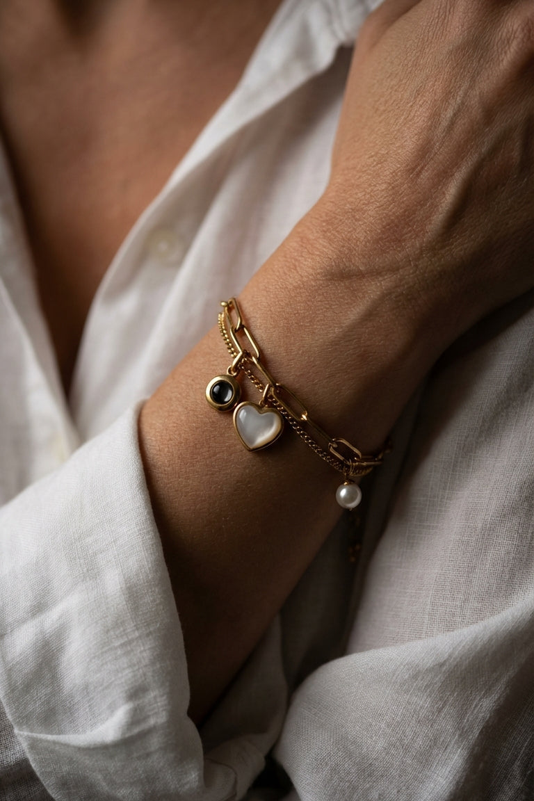 PhilU - Personalised Heart & Pearl Photo Projection Bracelet - Premium E-Coating Cooper / Gold - Female Model