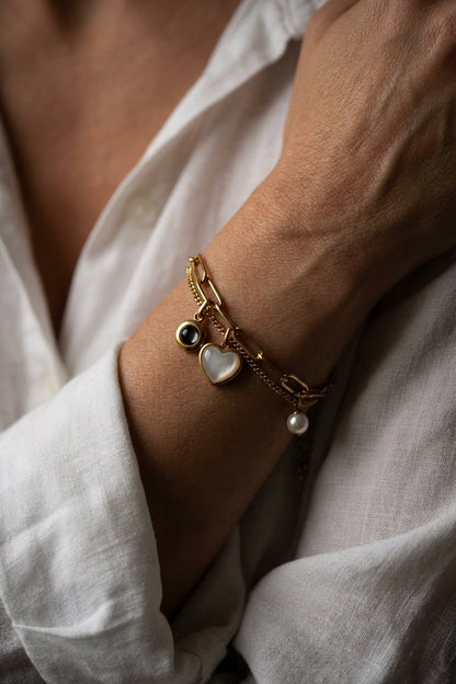 PhilU - Personalised Heart & Pearl Photo Projection Bracelet - Premium E-Coating Cooper / Gold - Female Model