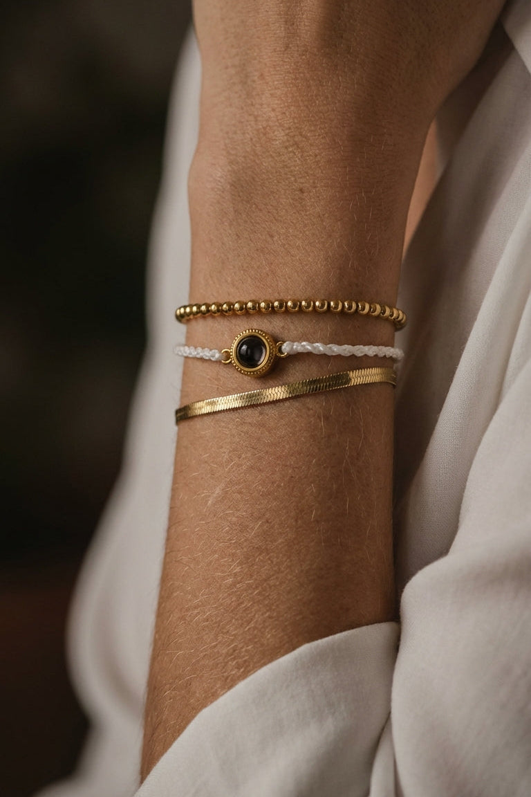 PhilU - Personalised Trio Layered Photo Projection Bracelet - Premium E-Coating Cooper / Gold Female Model