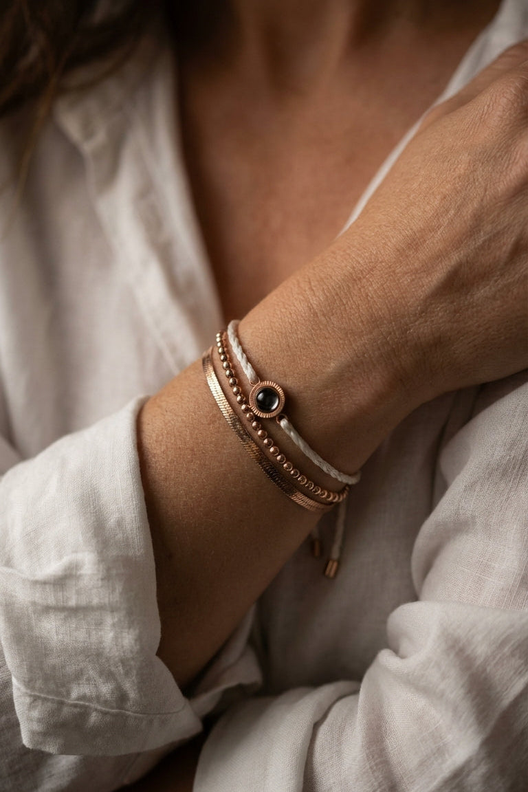 PhilU - Personalised Trio Layered Photo Projection Bracelet - Premium E-Coating Cooper / Rose gold - Female Model