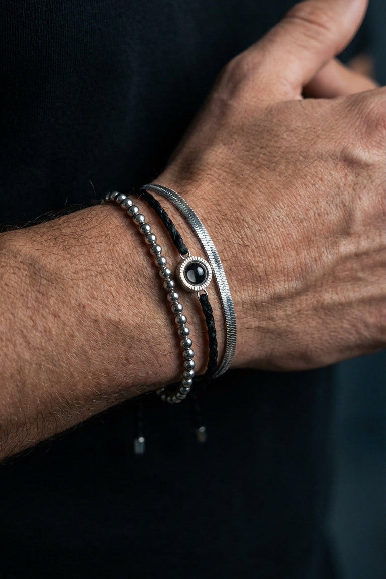 PhilU - Personalised Trio Layered Photo Projection Bracelet - Premium E-Coating Cooper / Silver - Male Model